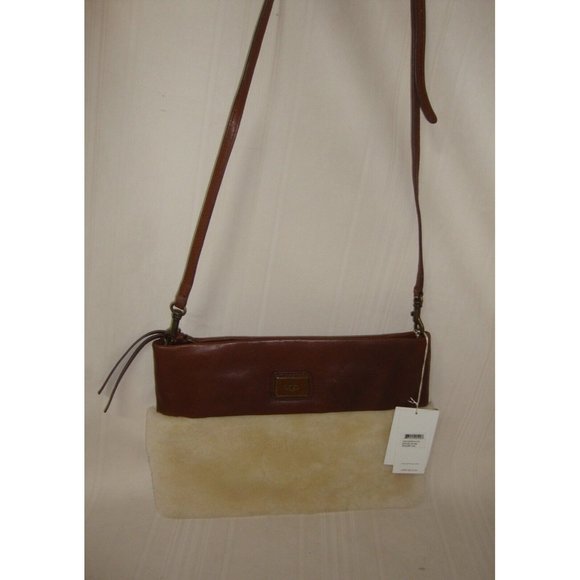 UGG Nico Brown Leather Genuine Sheepskin Clutch Crossbody NEW Retail $215 RARE - Picture 1 of 5